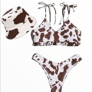 Brown and white cow print bikini and bucket hat